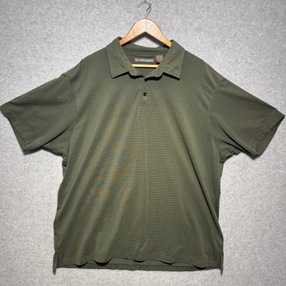 John Henry Mens XXL Olive Green Textured Short Sleeve Polo Shirt Stretch Blend‎